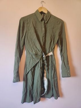 Zara Belted Mini Shirt Dress Khaki Green Long Sleeve Button Cuff Size S EUC